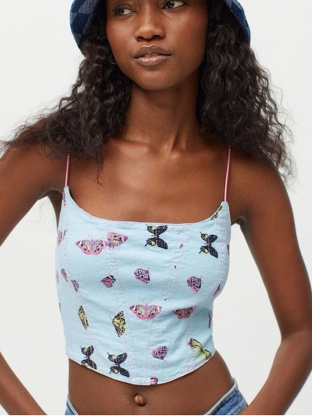Urban Outfitters Light Blue Butterfly Print Cami with Pink Straps